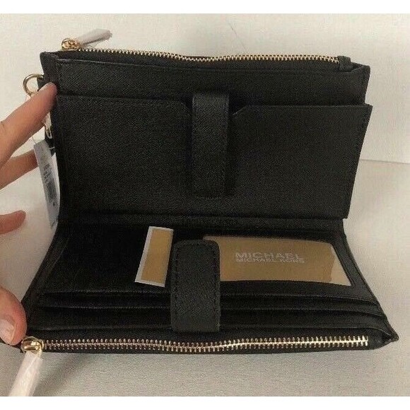 New Michael Kors Jet Set Travel Double zip wristlet Leather wallet Black / Gold - Picture 7 of 7